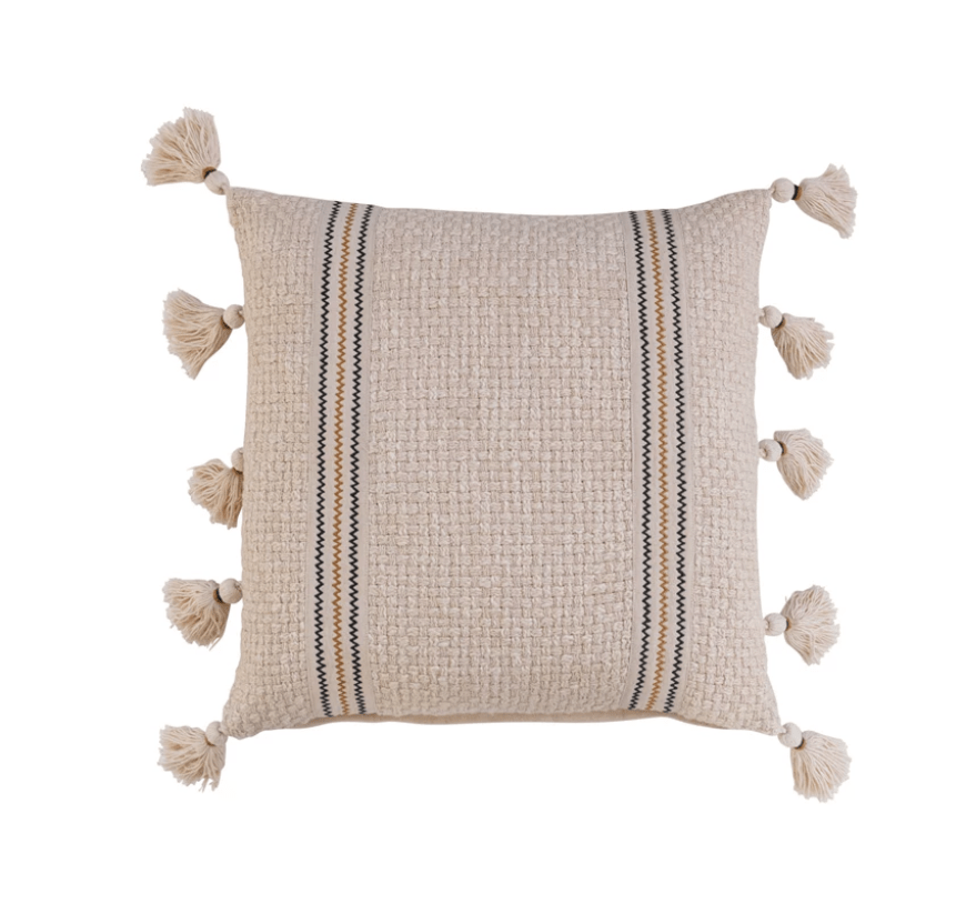 18" Square Woven Cotton Pillow w/ Embroidery & Tassels - SPARROW