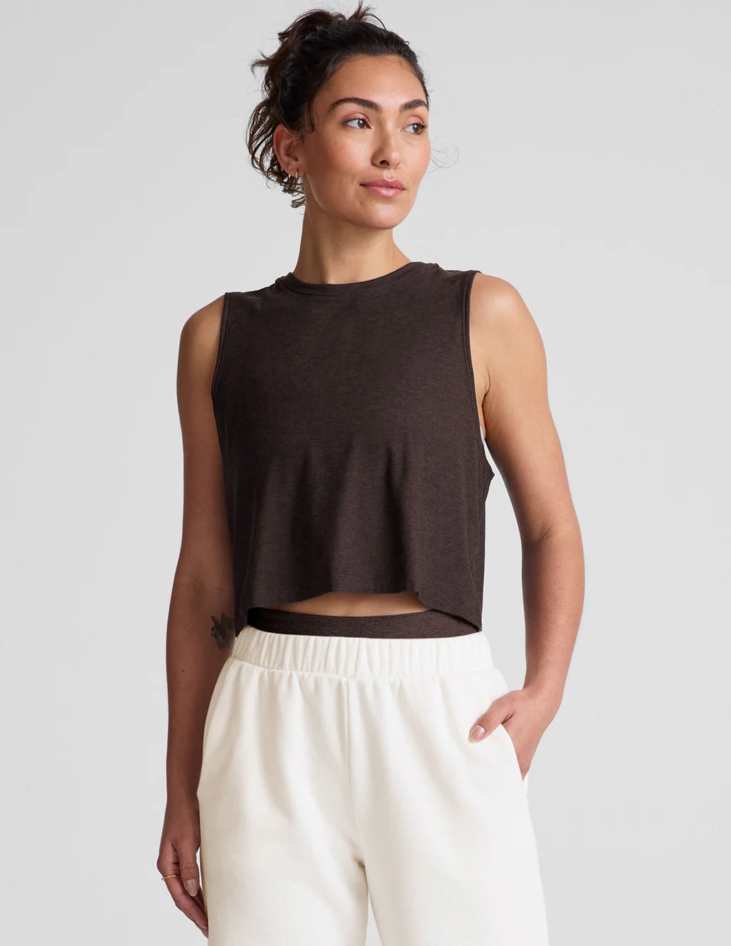 Beyond Yoga Featherweight Minimal Cropped Tank - Dark Chocolate Heather - SPARROW