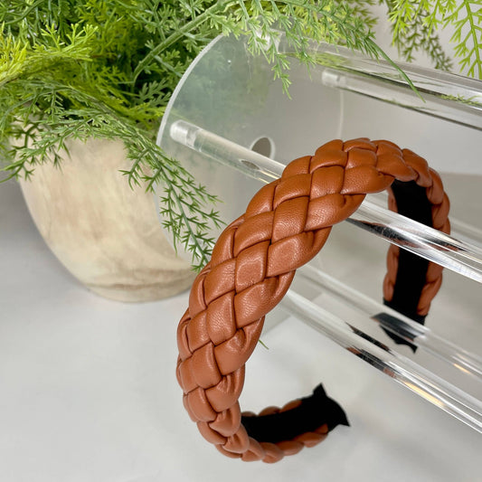 Cognac Braided Faux Leather Headband - SPARROW