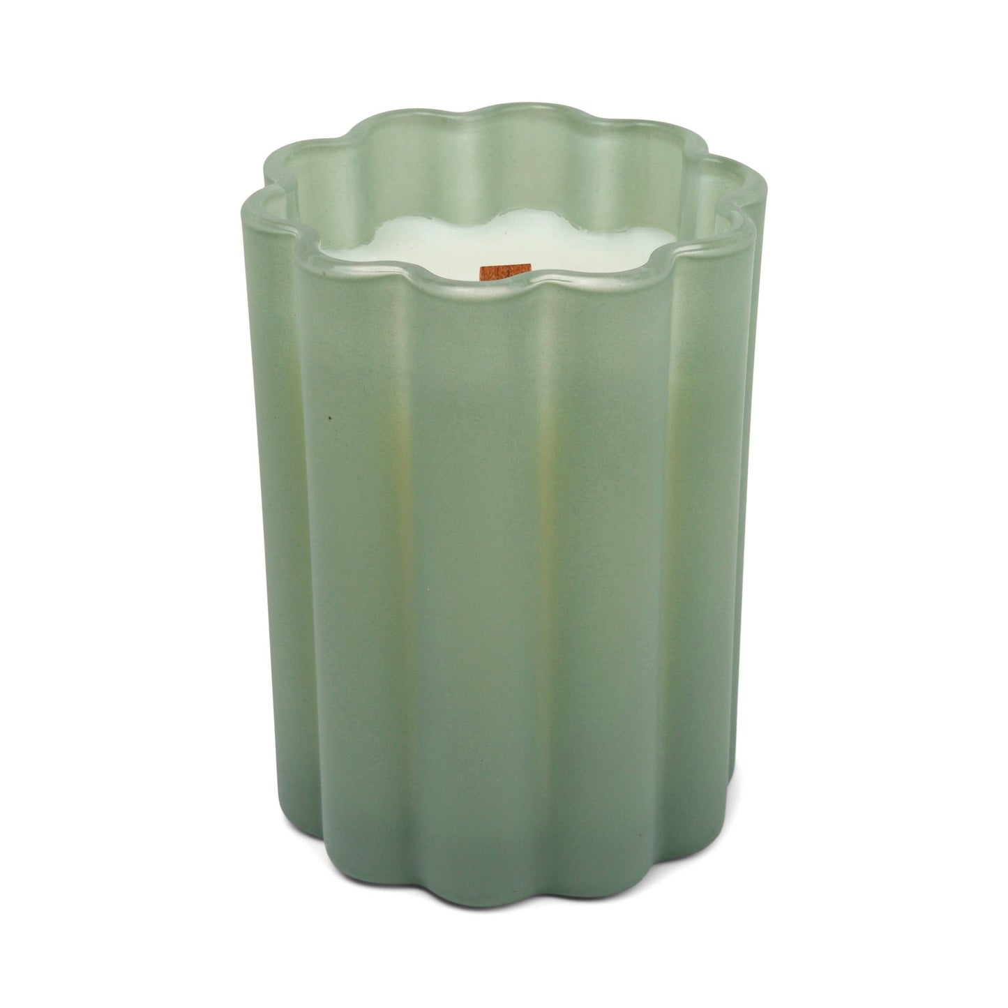Frosted Teal Scalloped Glass Candle: Whiskey + Oak - SPARROW