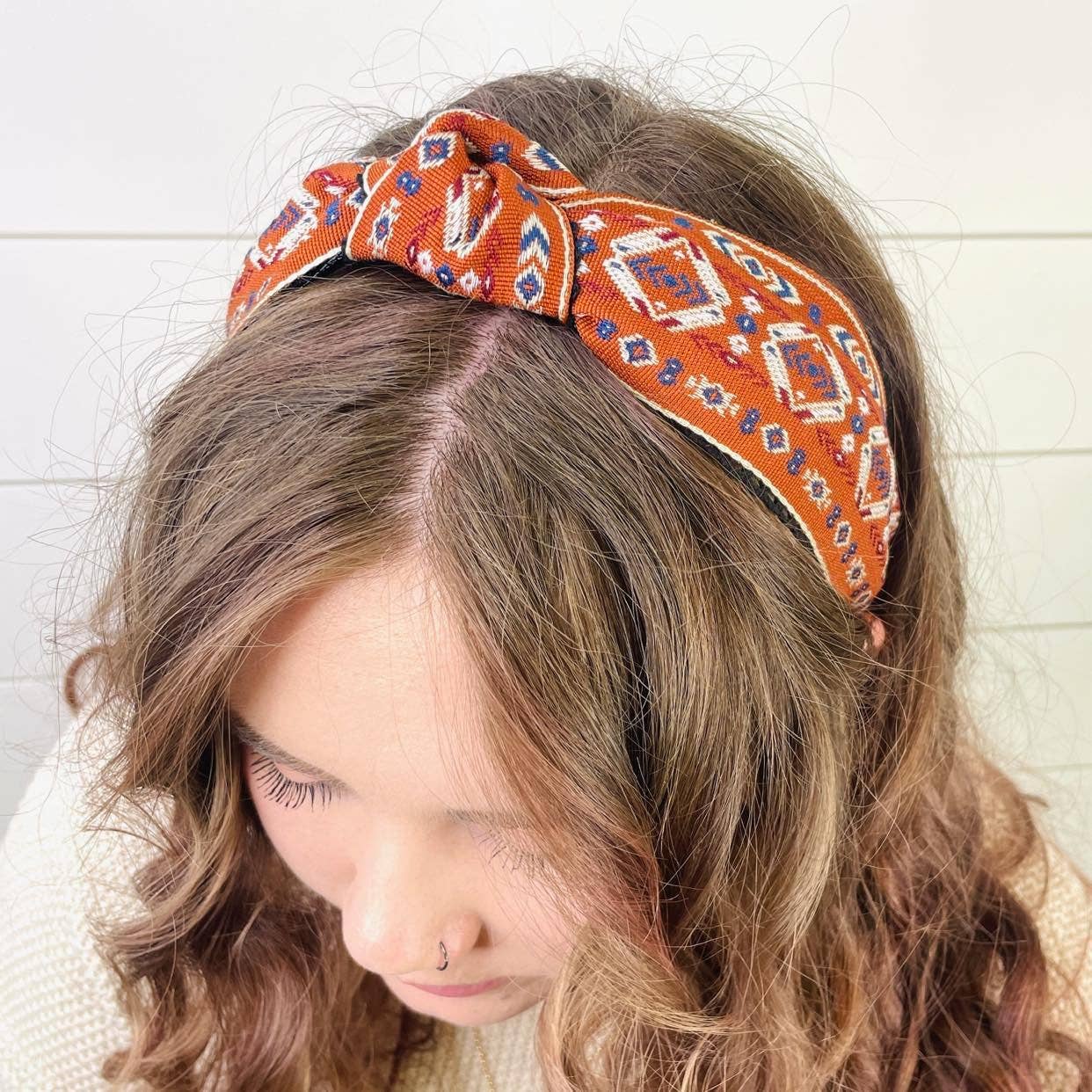 Rust Aztec & Lace Boho Knot Headband - SPARROW