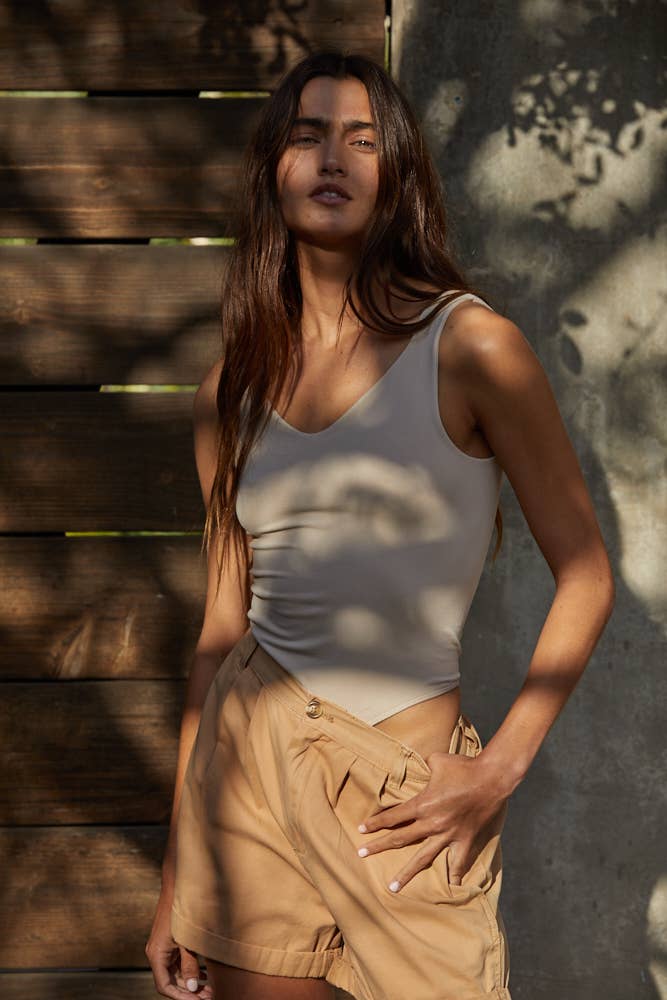 Seamless UV Neck Sleeveless Bodysuit - Beige - SPARROW