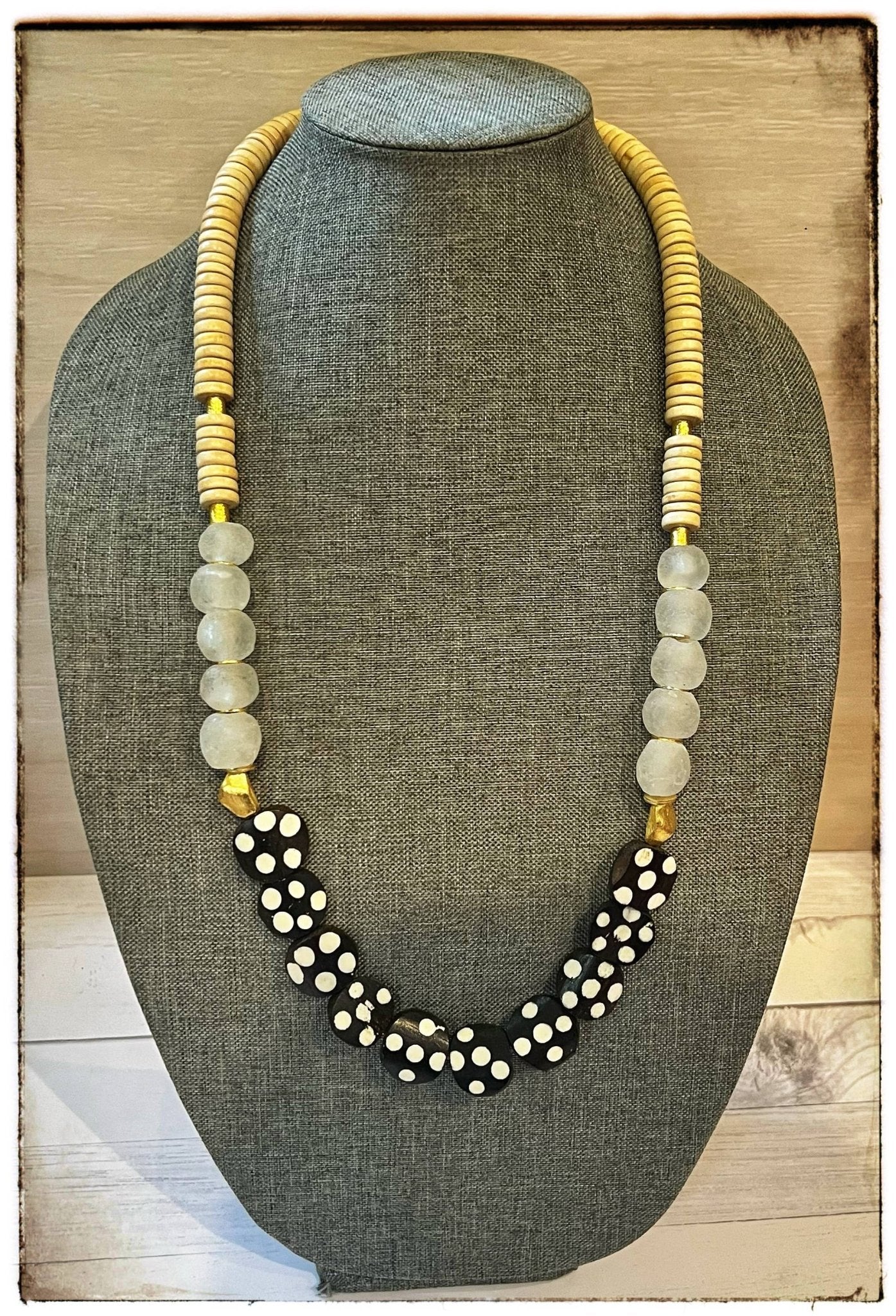 Tan Coconut & Polka Dot African Bone Bead Necklace - SPARROW