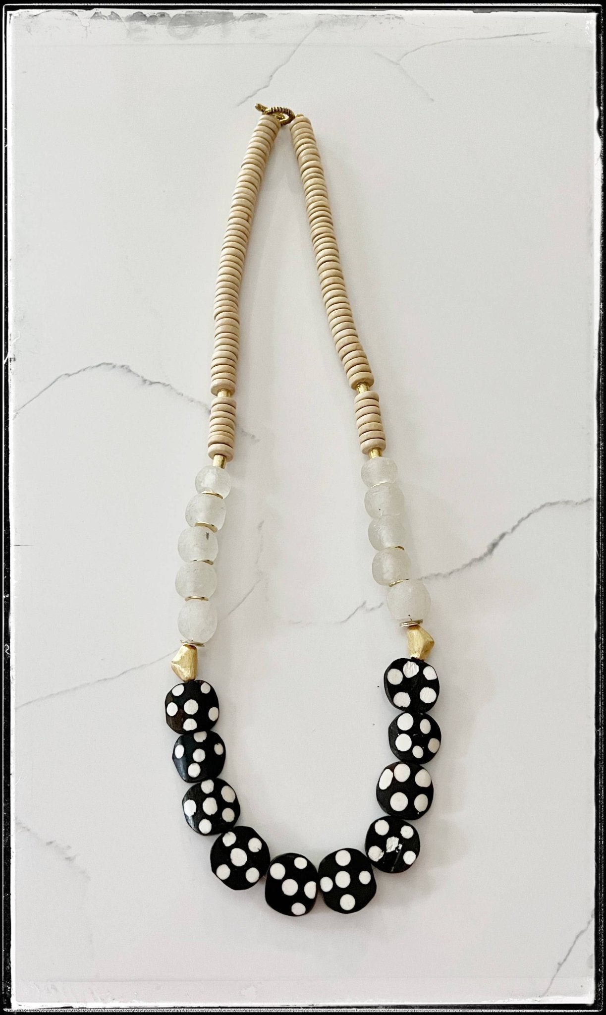 Tan Coconut & Polka Dot African Bone Bead Necklace - SPARROW