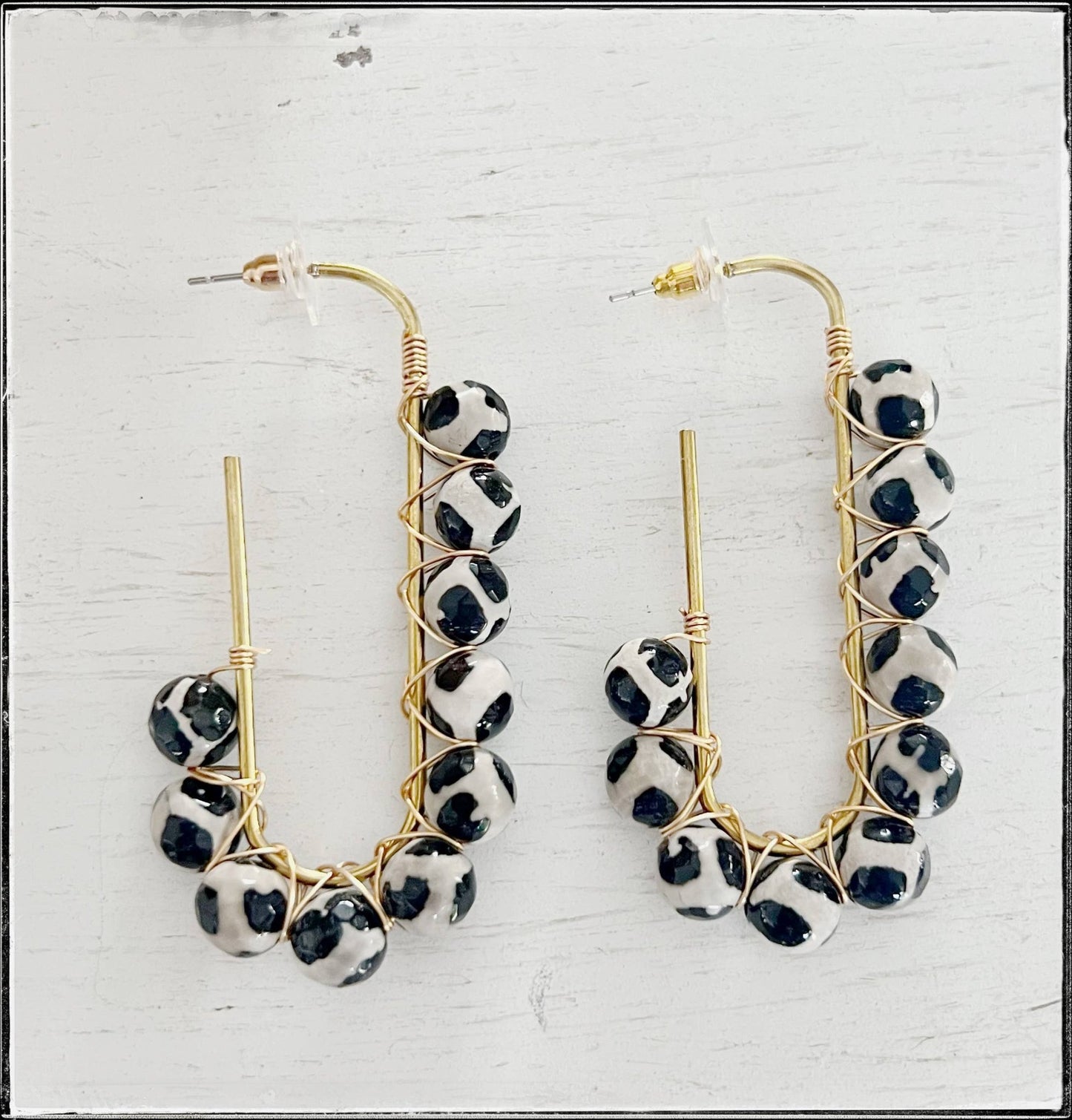 Wire Wrapped Open Hoop Glass Bead Dangle Earring Black Agate - SPARROW