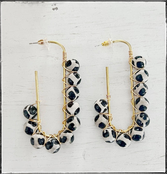 Wire Wrapped Open Hoop Glass Bead Dangle Earring Black Agate - SPARROW