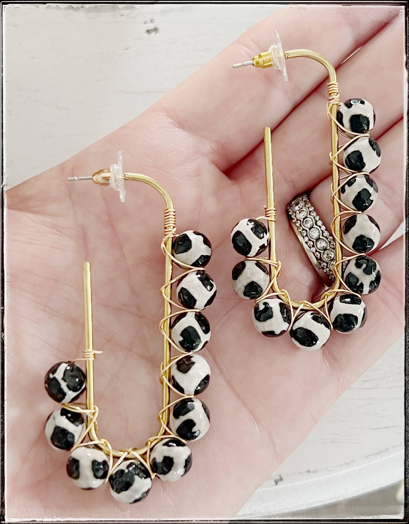 Wire Wrapped Open Hoop Glass Bead Dangle Earring Black Agate - SPARROW