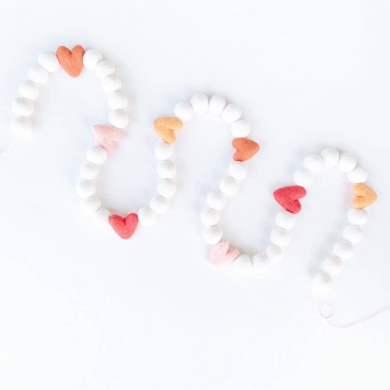Shades of Pink Hearts Valentine Felt Ball Garland - SPARROW