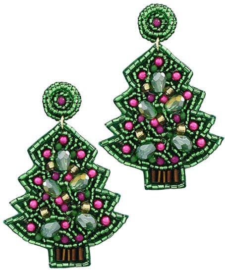 Green Beaded Christmas Tree Earring| Holiday Earrings