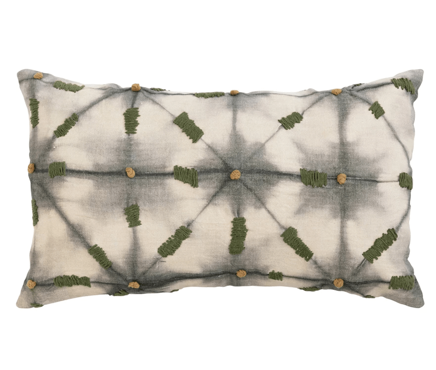 24" x 14" Linen Printed Lumbar Pillow w/ Hand - Embroidery & Chambray Back - SPARROW