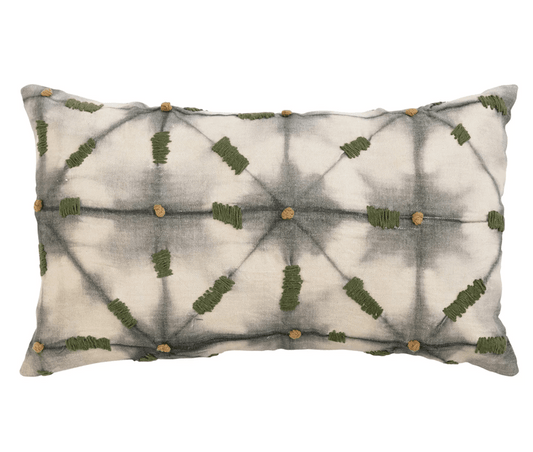 24" x 14" Linen Printed Lumbar Pillow w/ Hand - Embroidery & Chambray Back - SPARROW