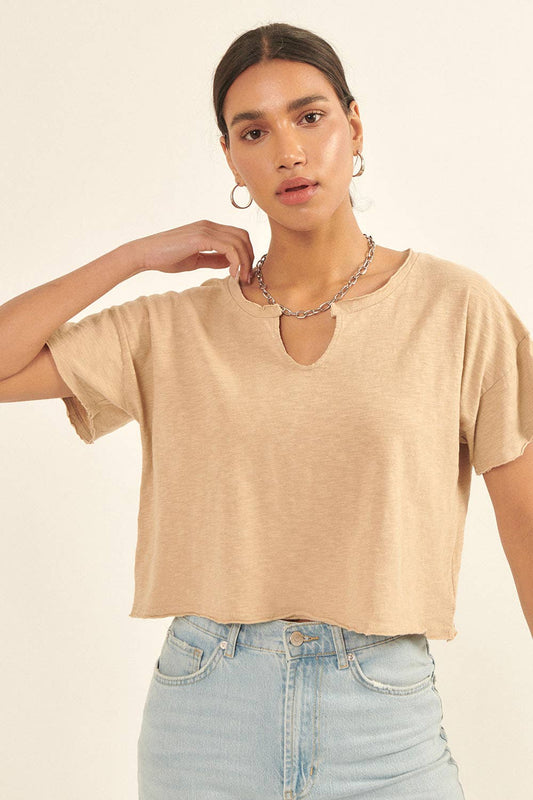 Distressed Cropped Tee - Taupe