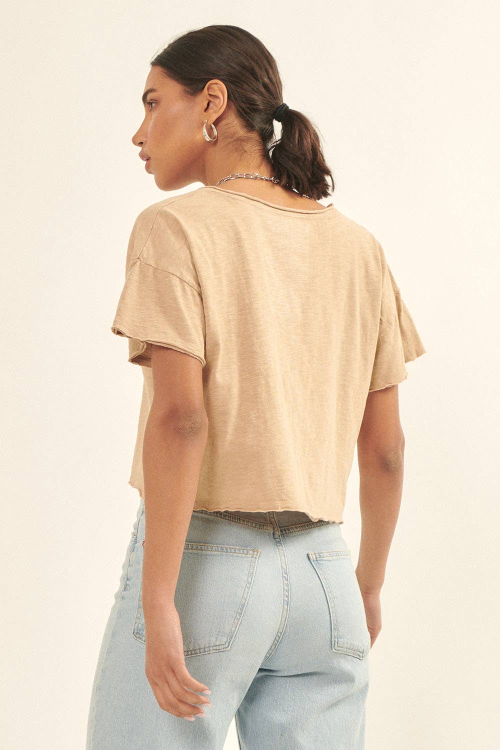 Distressed Cropped Tee - Taupe