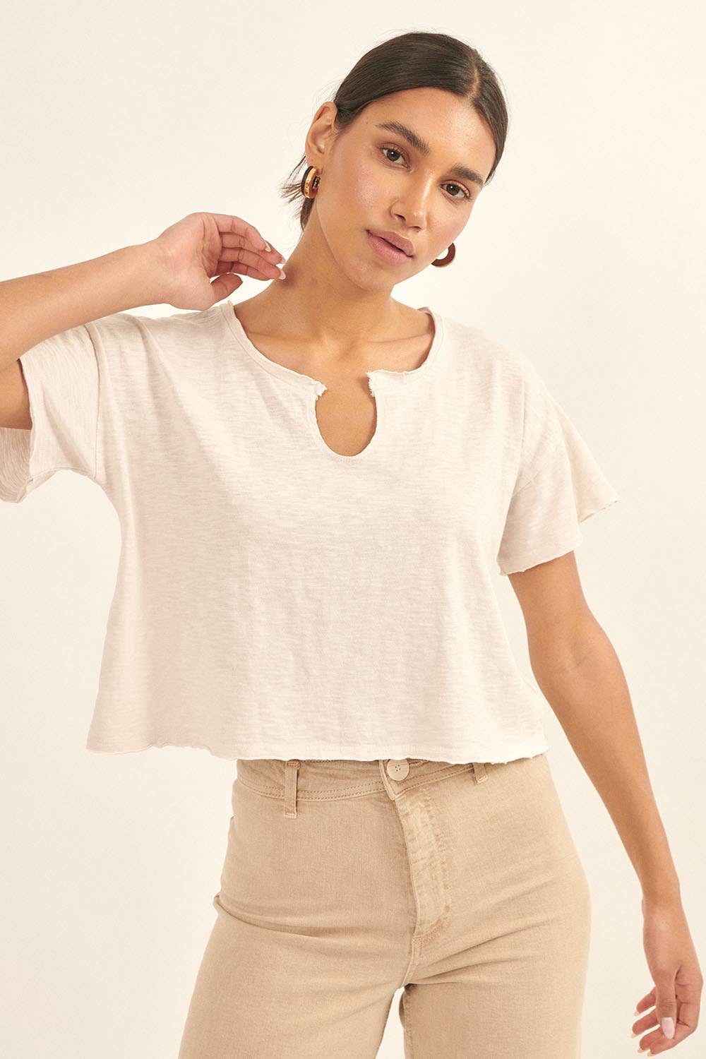 Distressed Cropped Tee - Taupe