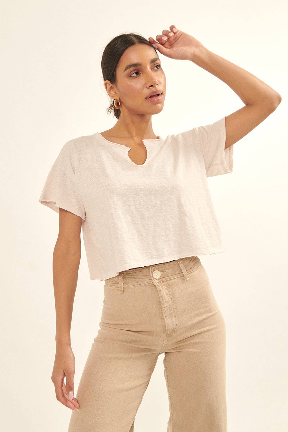 Distressed Cropped Tee - Taupe