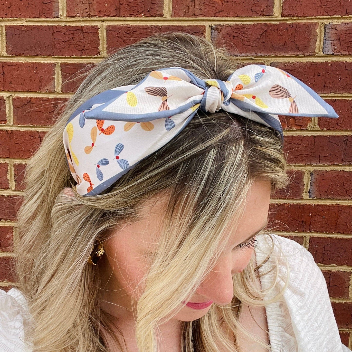 Whirlybird Spring Boho Satin Scarf Bow Knot Headband- Blue