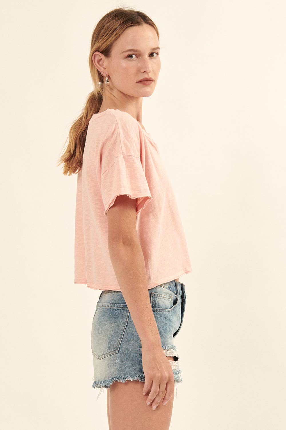 Distressed Cropped Tee - Blush