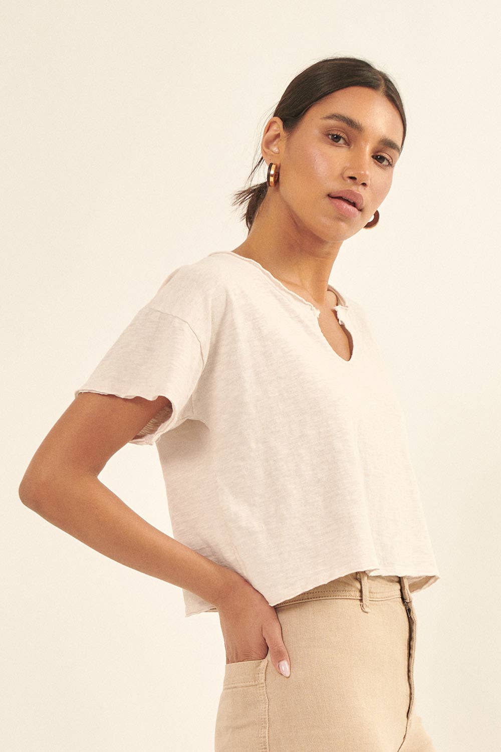 Distressed Cropped Tee - Taupe