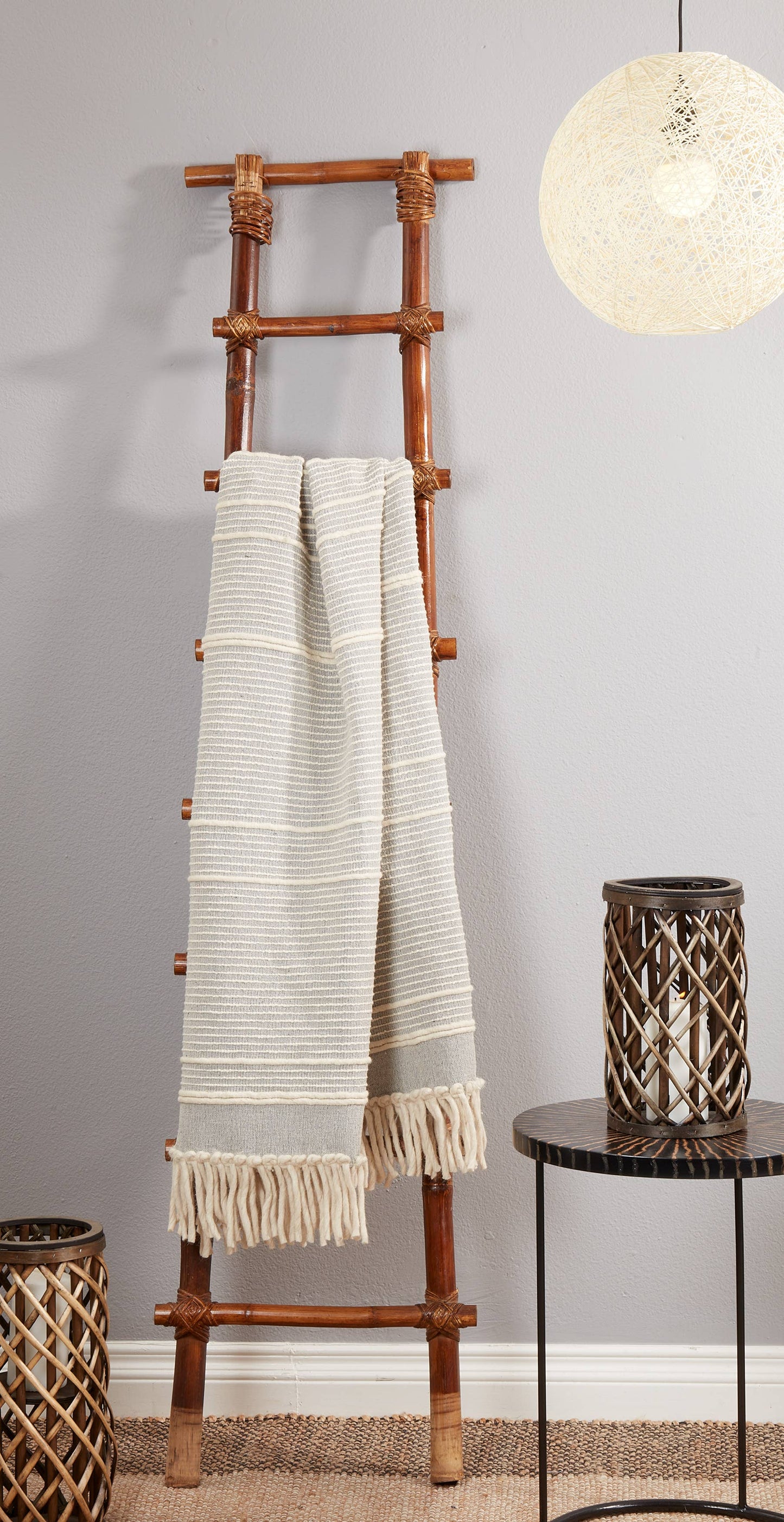 Stripe Chunky Fringe Throw Blanket | Grey