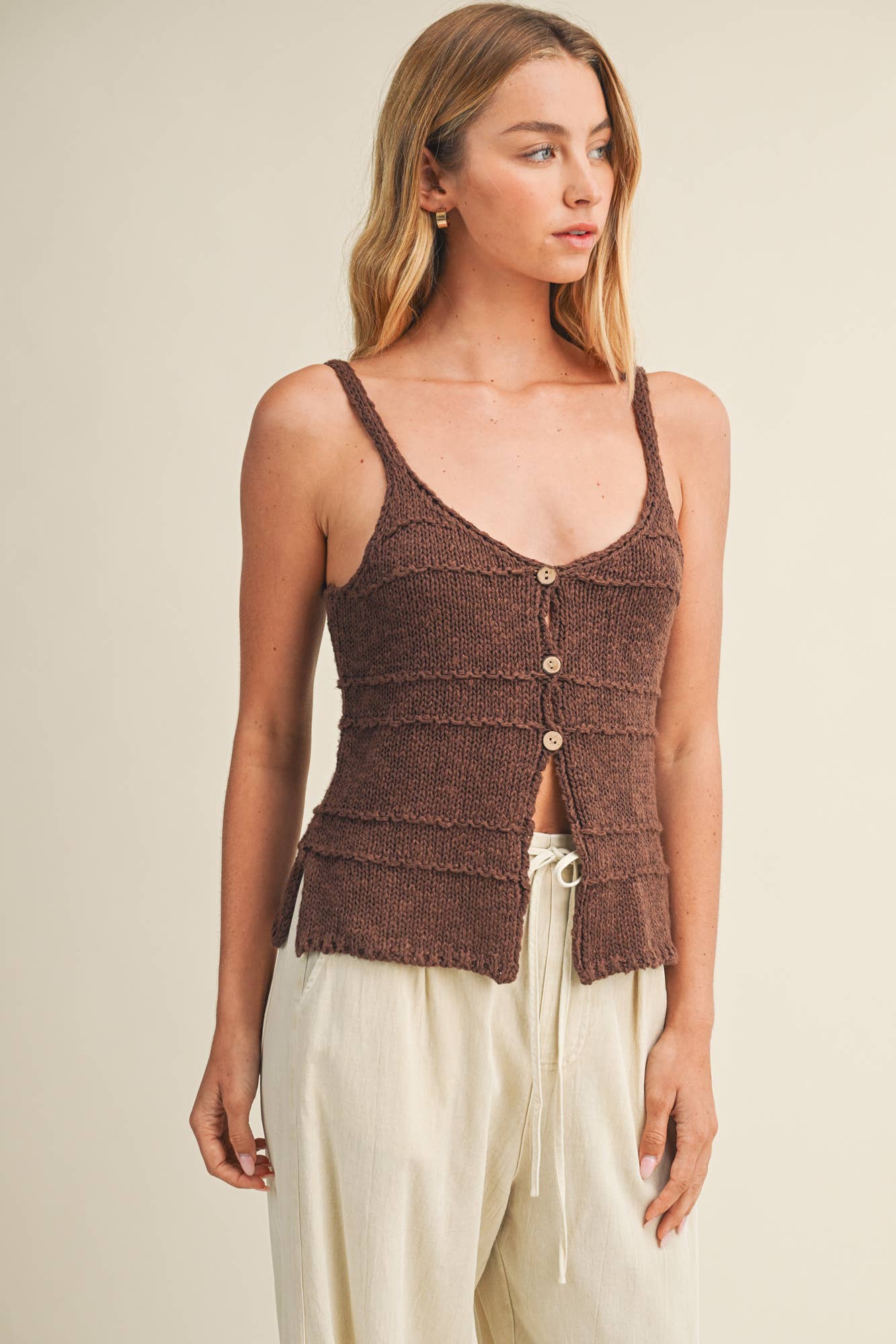 Tia Textured Knit Cami - Chocolate