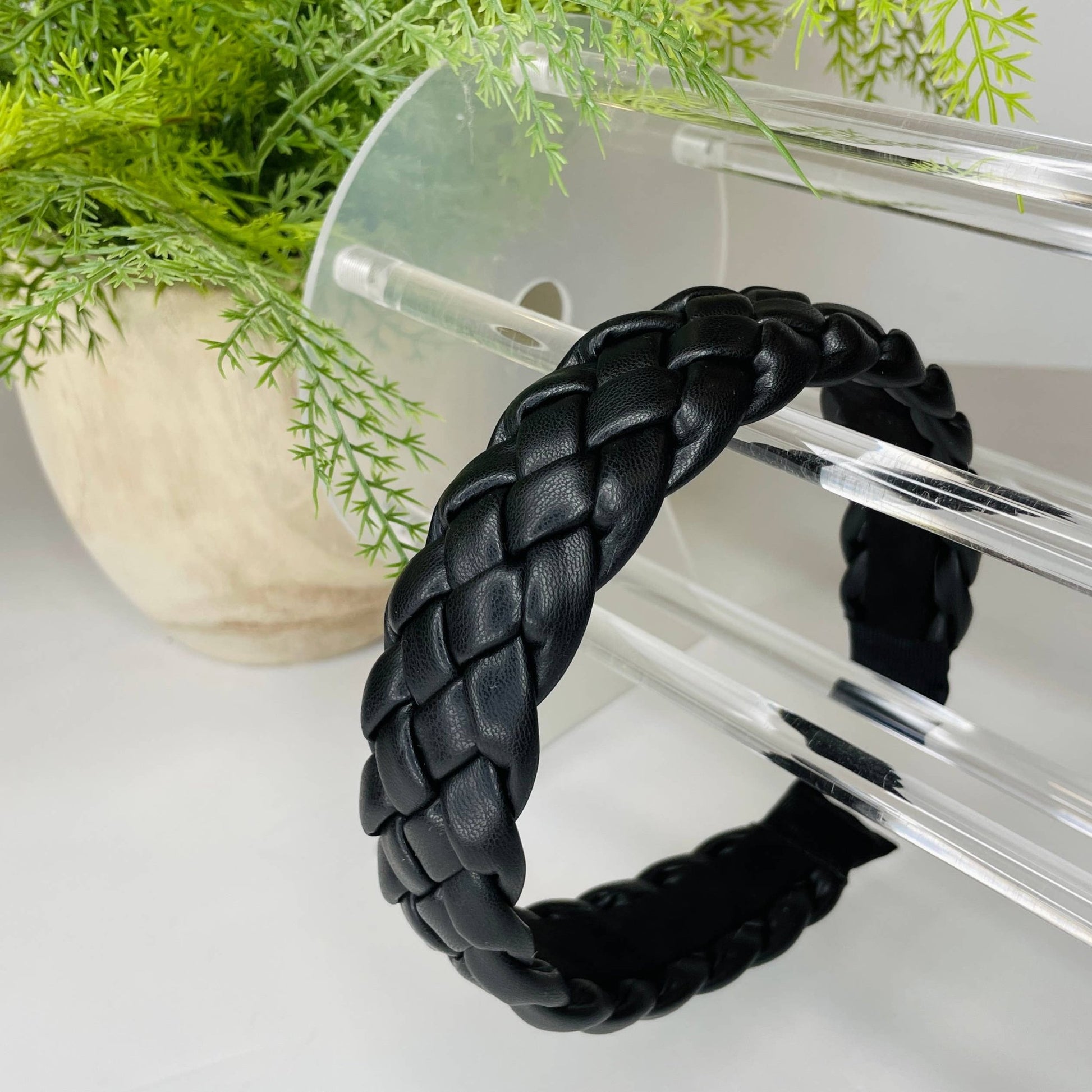 Black Braided Faux Leather Headband - SPARROW