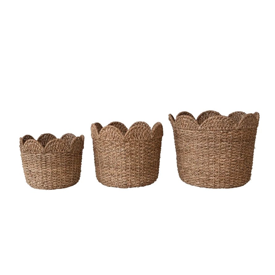 Braided Bankuan & Rattan Baskets w/ Scalloped Edge, Set of 3 - SPARROW