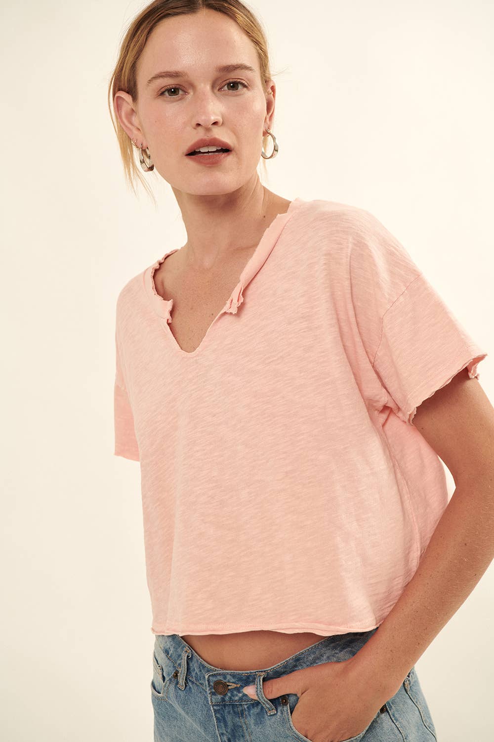 Distressed Cropped Tee - Blush