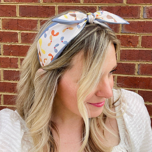 Whirlybird Spring Boho Satin Scarf Bow Knot Headband- Blue