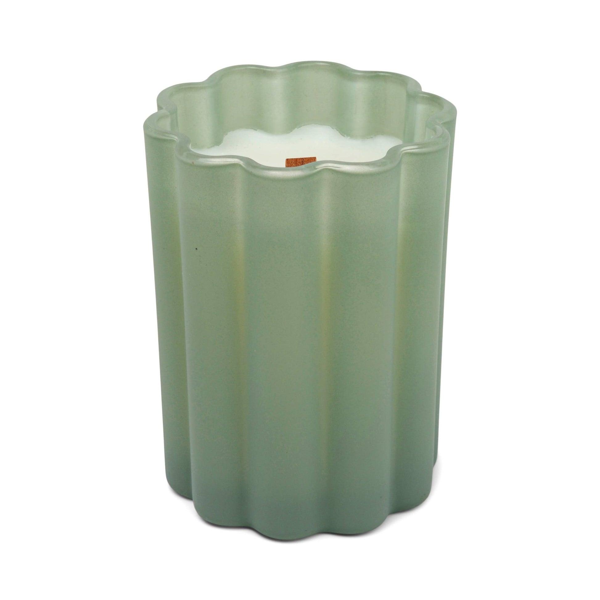 Frosted Teal Scalloped Glass Candle: Whiskey + Oak - SPARROW