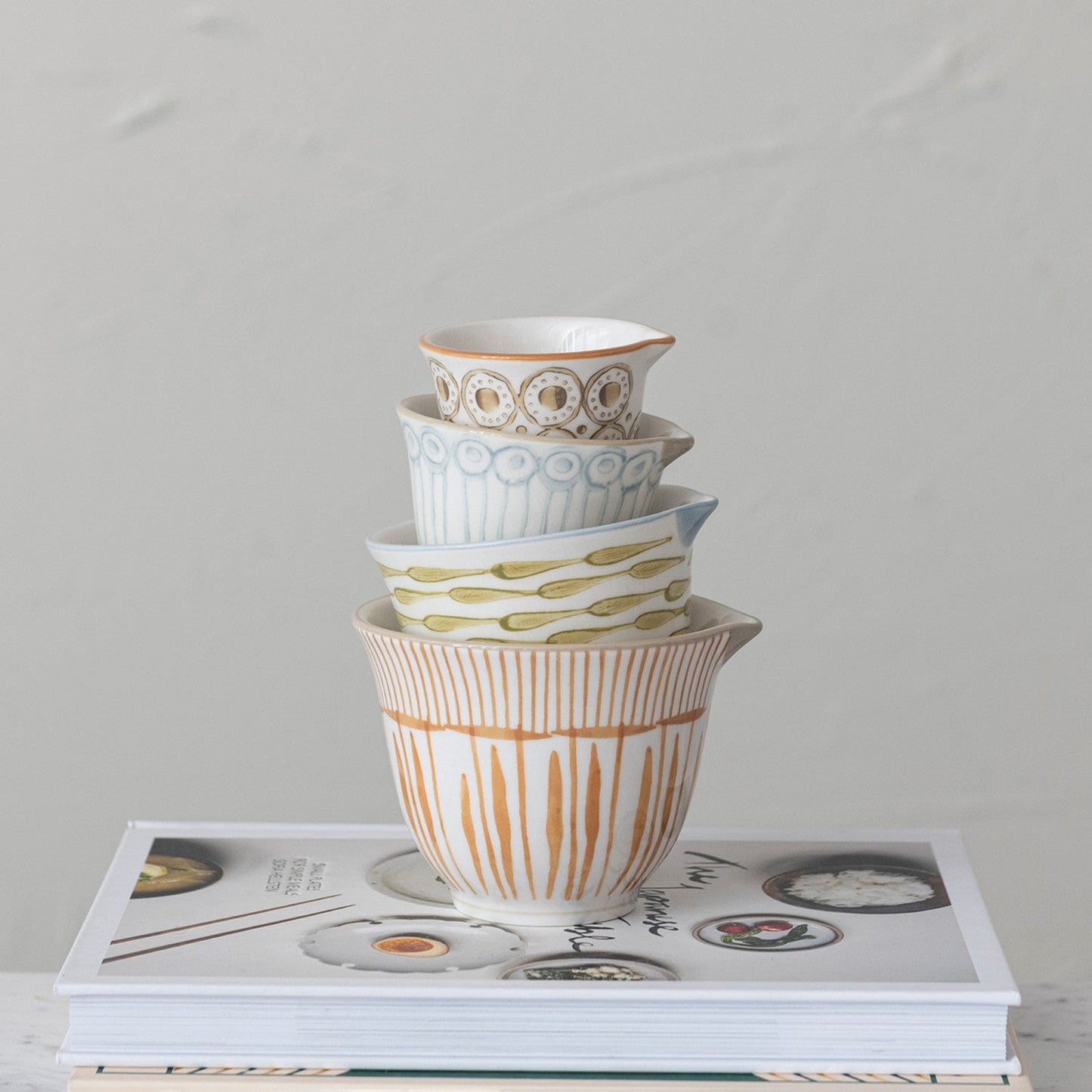 Hand - Painted Stoneware Measuring Cups w/ Patterns, Multi Color, Set of 4 - SPARROW