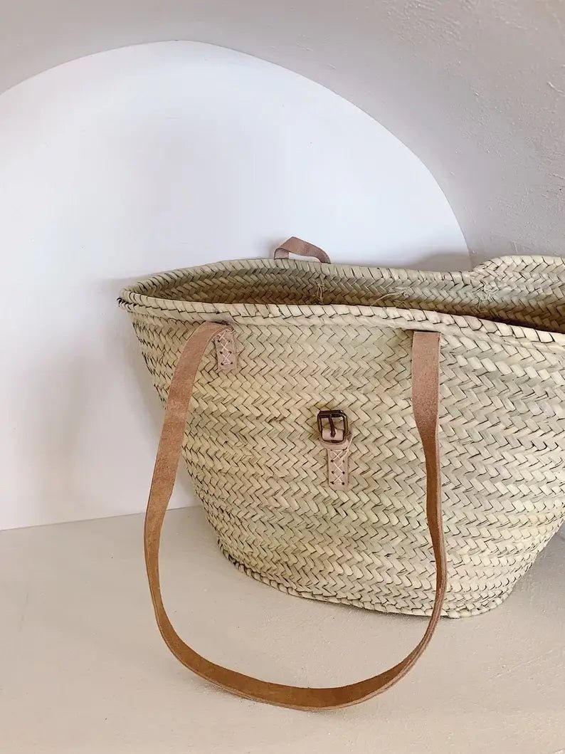 Handmade Straw Bag with Brown Leather Strap - SPARROW