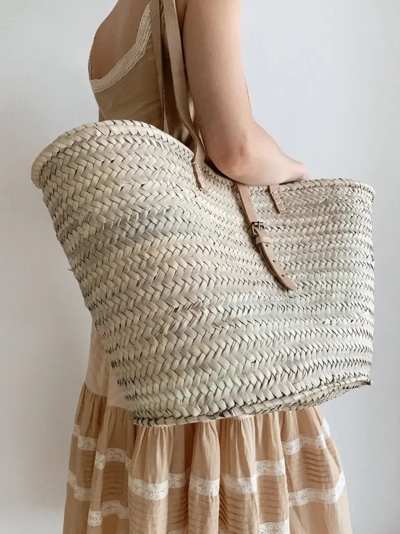 Handmade Straw Bag with Brown Leather Strap - SPARROW