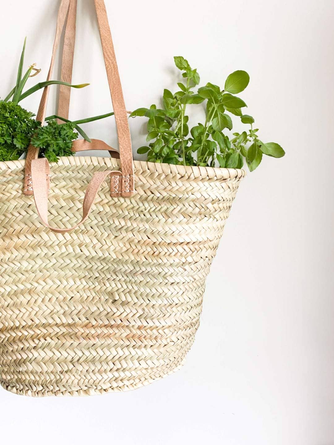 Handmade Straw Bag with Tan Leather Handles - SPARROW