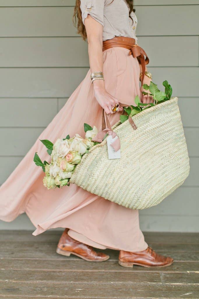 Handmade Straw Bag with Tan Leather Handles - SPARROW