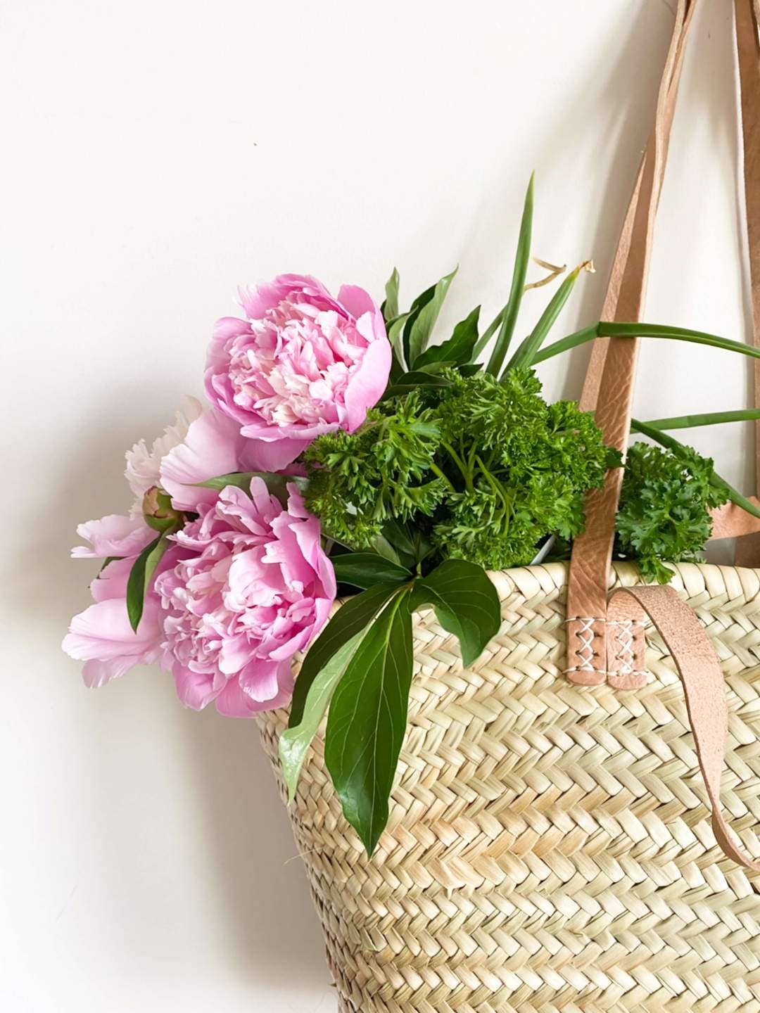 Handmade Straw Bag with Tan Leather Handles - SPARROW