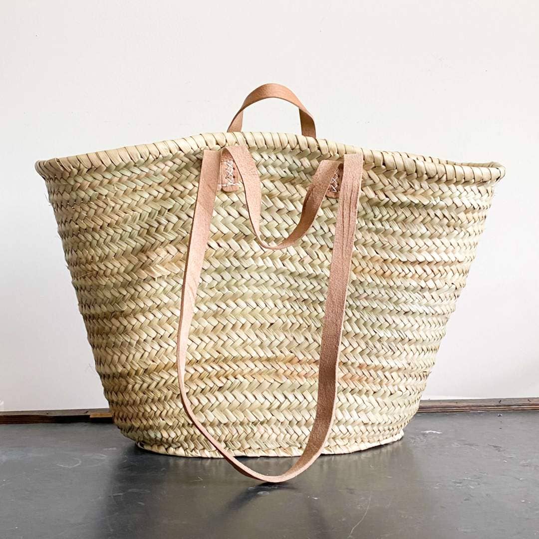 Handmade Straw Bag with Tan Leather Handles - SPARROW