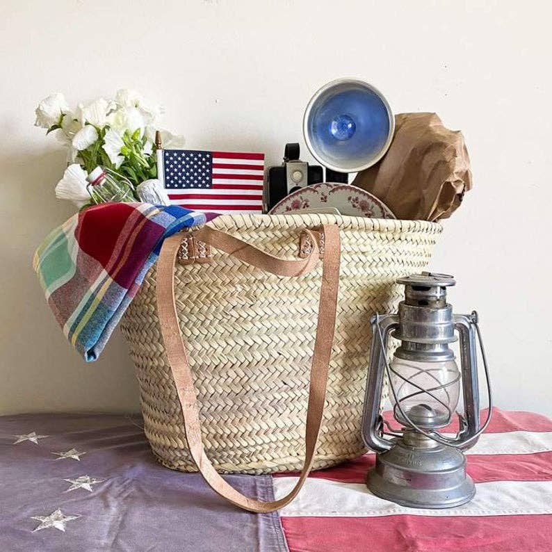 Handmade Straw Bag with Tan Leather Handles - SPARROW