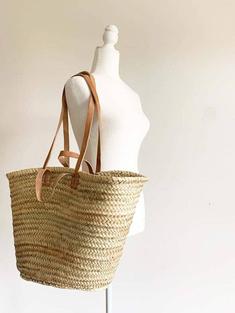 Handmade Straw Bag with Tan Leather Handles - SPARROW