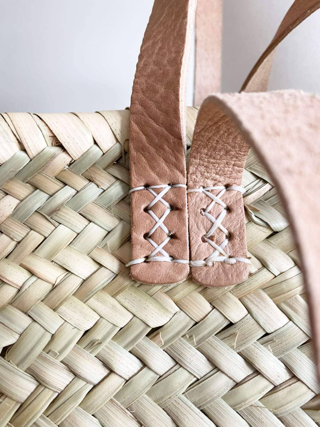 Handmade Straw Bag with Tan Leather Handles - SPARROW