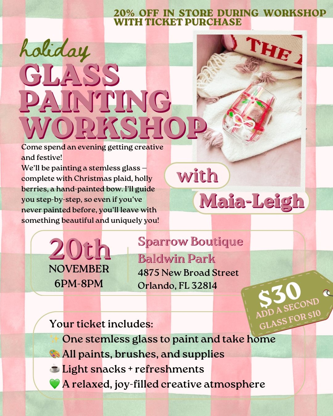 Holiday Glass Painting Workshop with Maia - Leigh (2 Glasses) - SPARROW