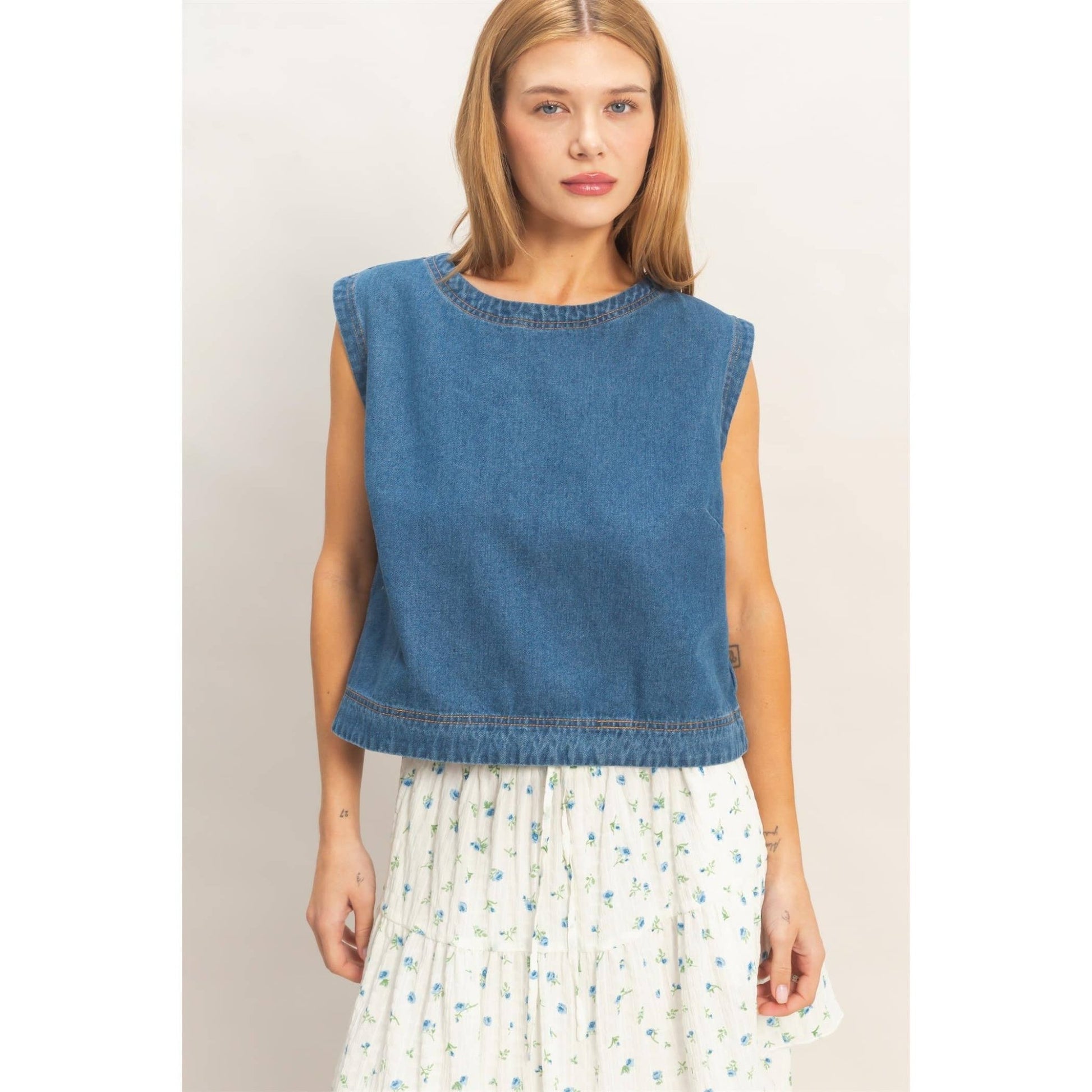 Kaci Denim Top - Blue - SPARROW