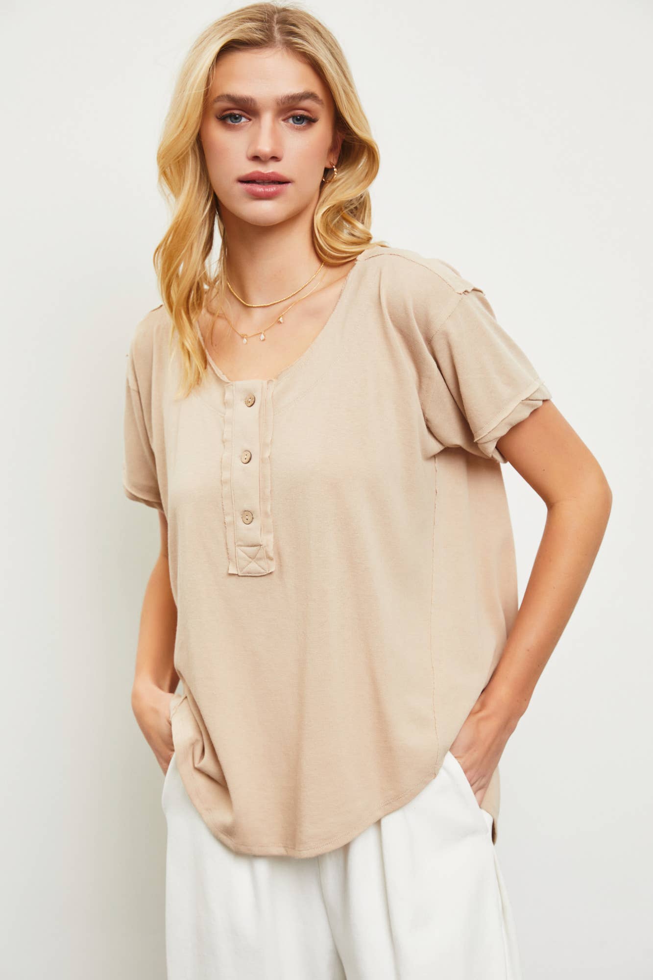 Kari Button Top - Taupe - SPARROW