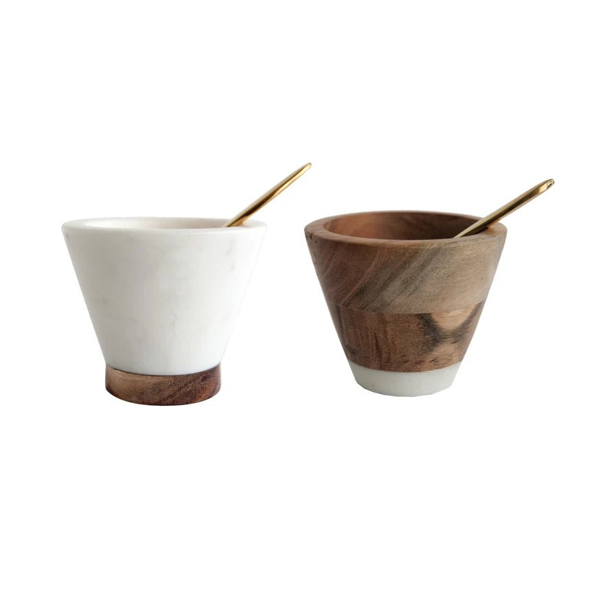 Marble & Mango Wood Pinch Pot w/ Brass Spoon, Set of 2 - SPARROW