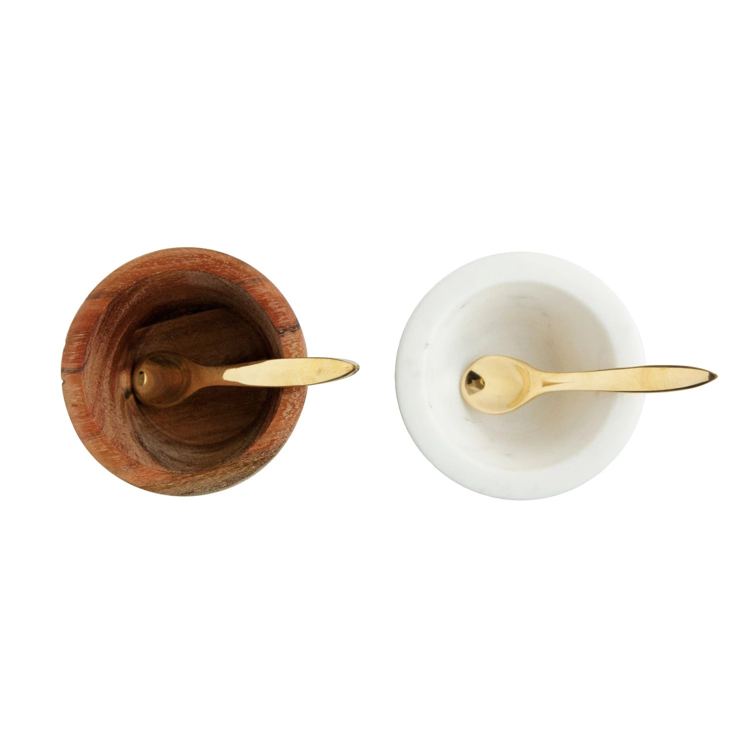 Marble & Mango Wood Pinch Pot w/ Brass Spoon, Set of 2 - SPARROW