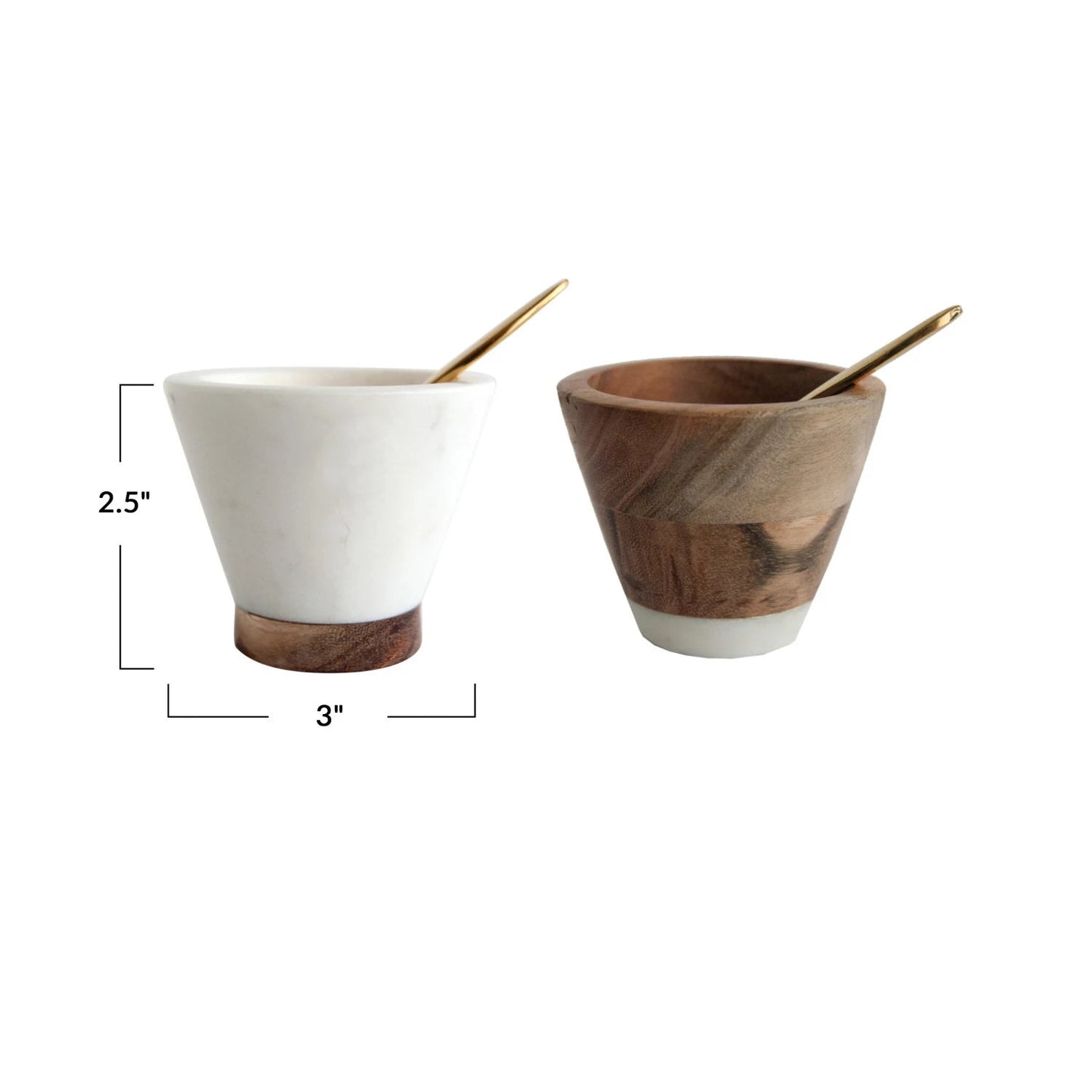 Marble & Mango Wood Pinch Pot w/ Brass Spoon, Set of 2 - SPARROW