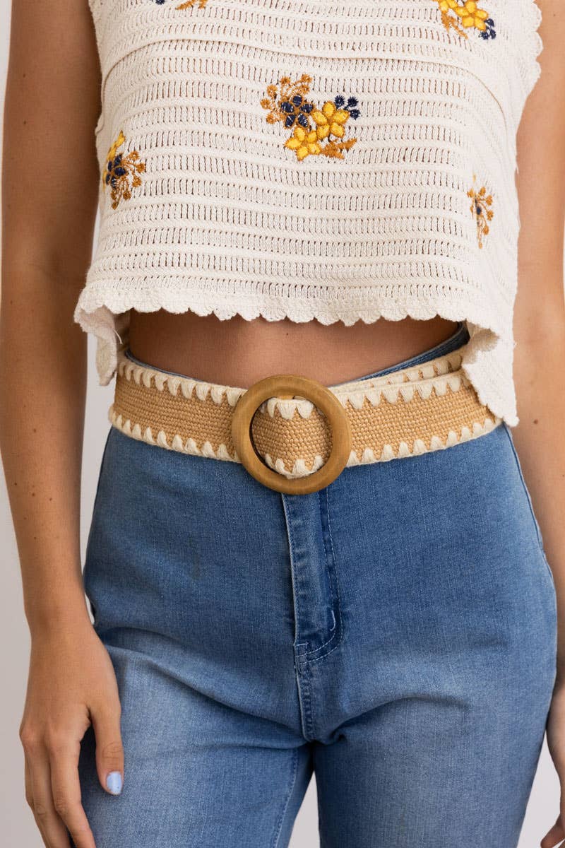 Raffia Belt with Wooden Round Buckle - Black - SPARROW