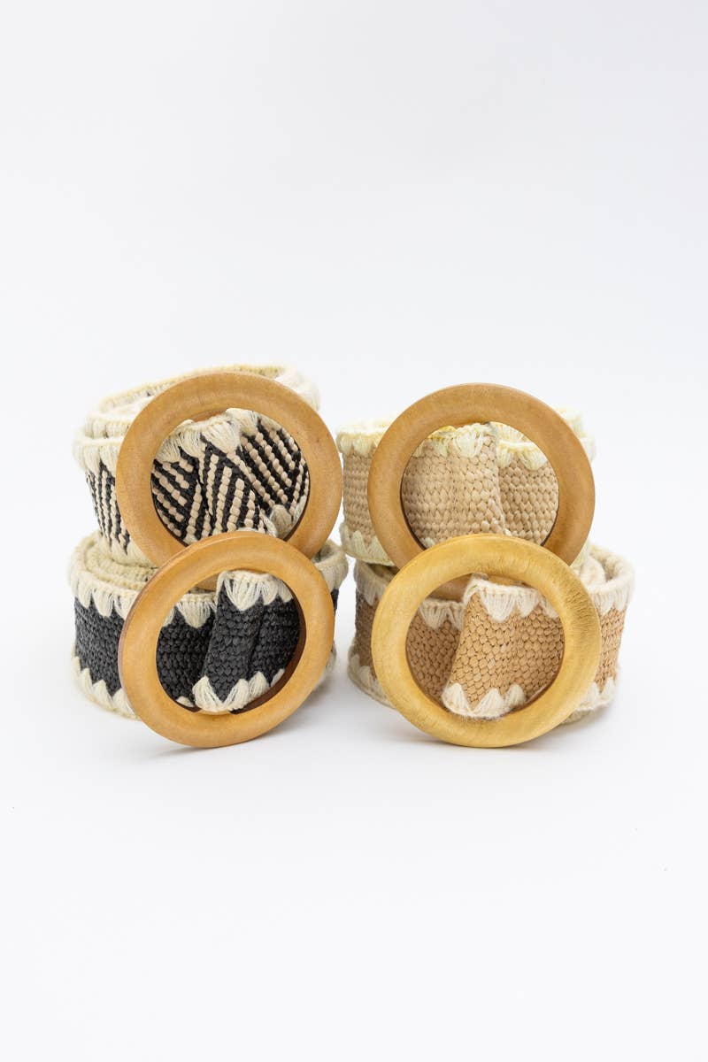 Raffia Belt with Wooden Round Buckle - Black - SPARROW