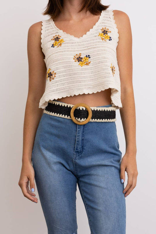 Raffia Belt with Wooden Round Buckle - Black - SPARROW