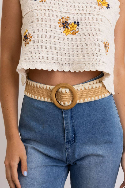 Raffia Belt with Wooden Round Buckle - Natural - SPARROW