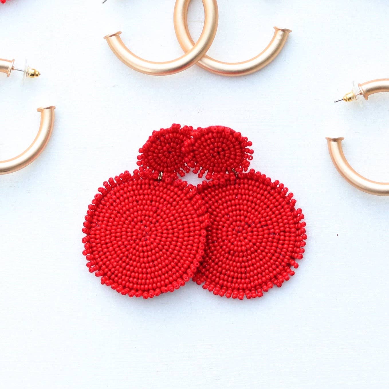 Red Beaded Drop Disc Earrings - SPARROW